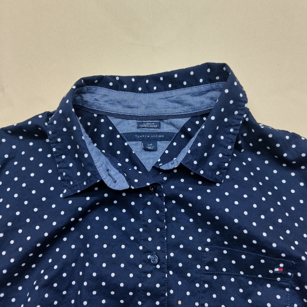 Tommy Hilfiger Womens Navy Blue Polka Dot Roll Tab Button Down Shirt Large